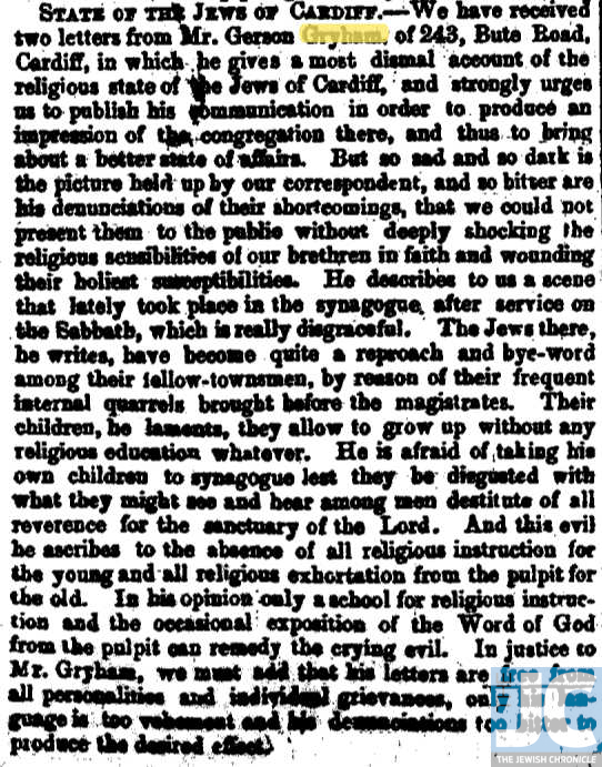 Old newspaper clipping 1865 'State of the Jews in Cardiff'